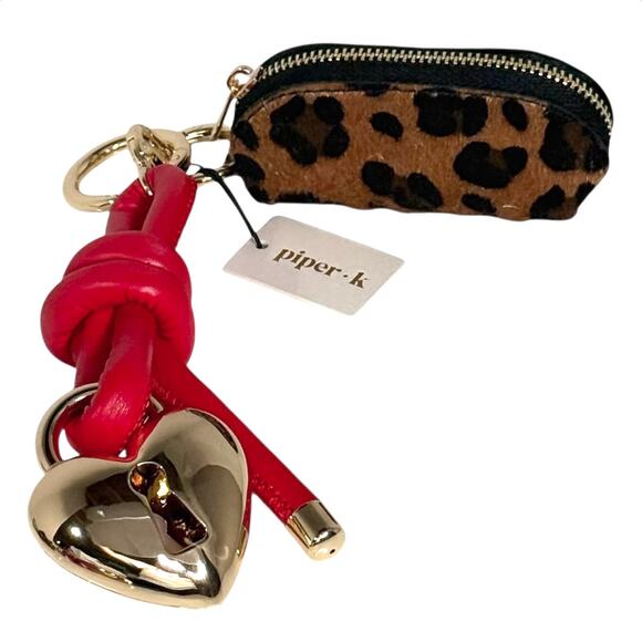 Piper K Leopard Print Mini Coin Purse Handbag Charm Gold Key Ring Heart Red Rope - Picture 2 of 6